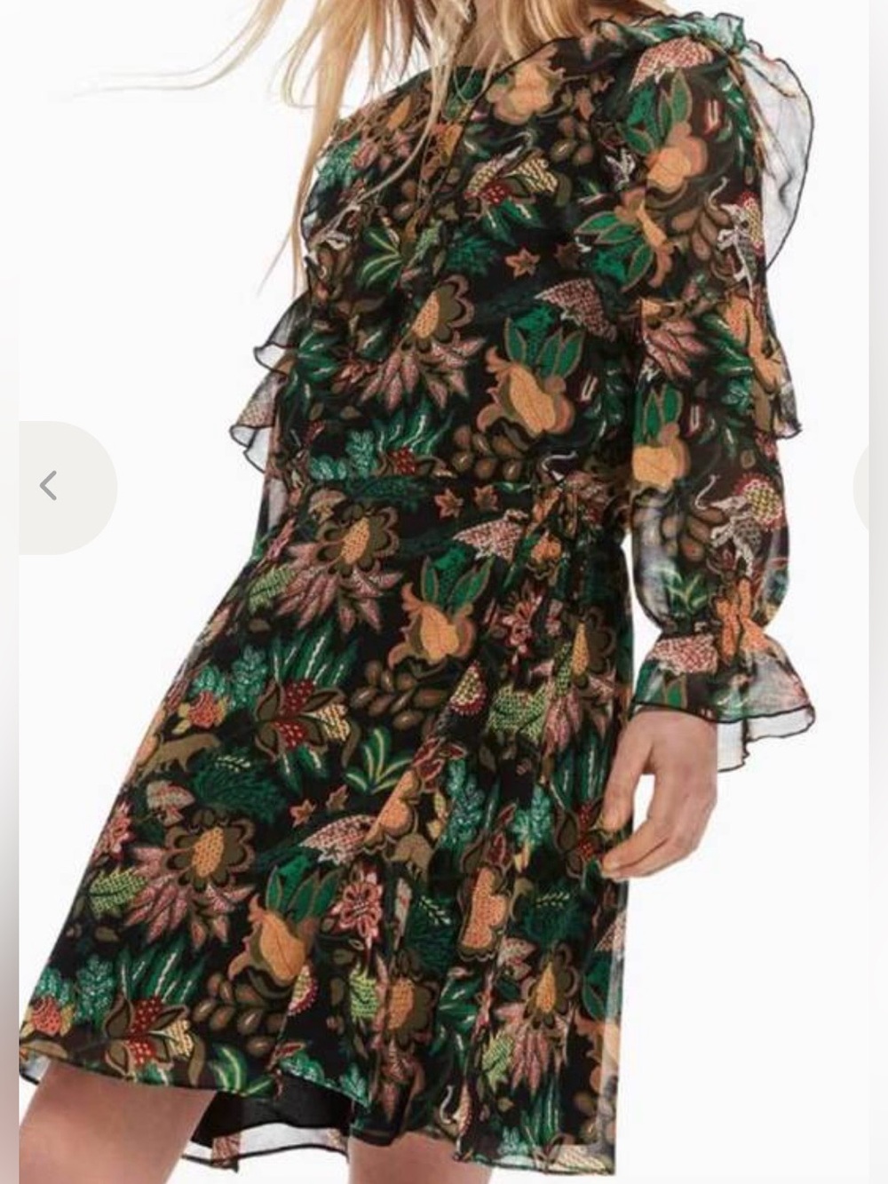 Scotch & Soda Floral Ruffle Long-Sleeve Chiffon Dress jungle print green black